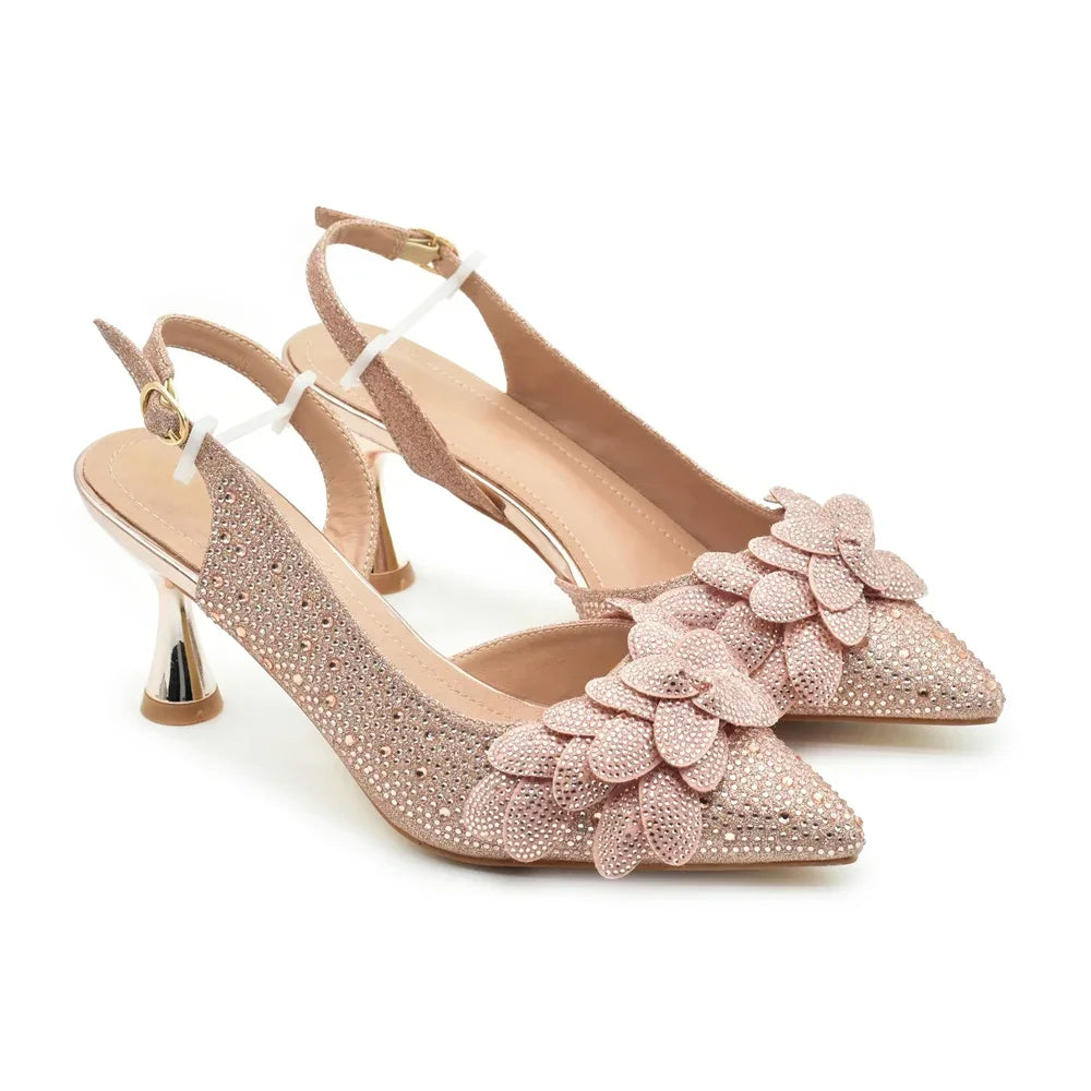 2024 Nigerian Style Rhinestone Medium Heeled Sandals for Women Fashion Wedding Party Shoes and Bags Set with Rhinestone