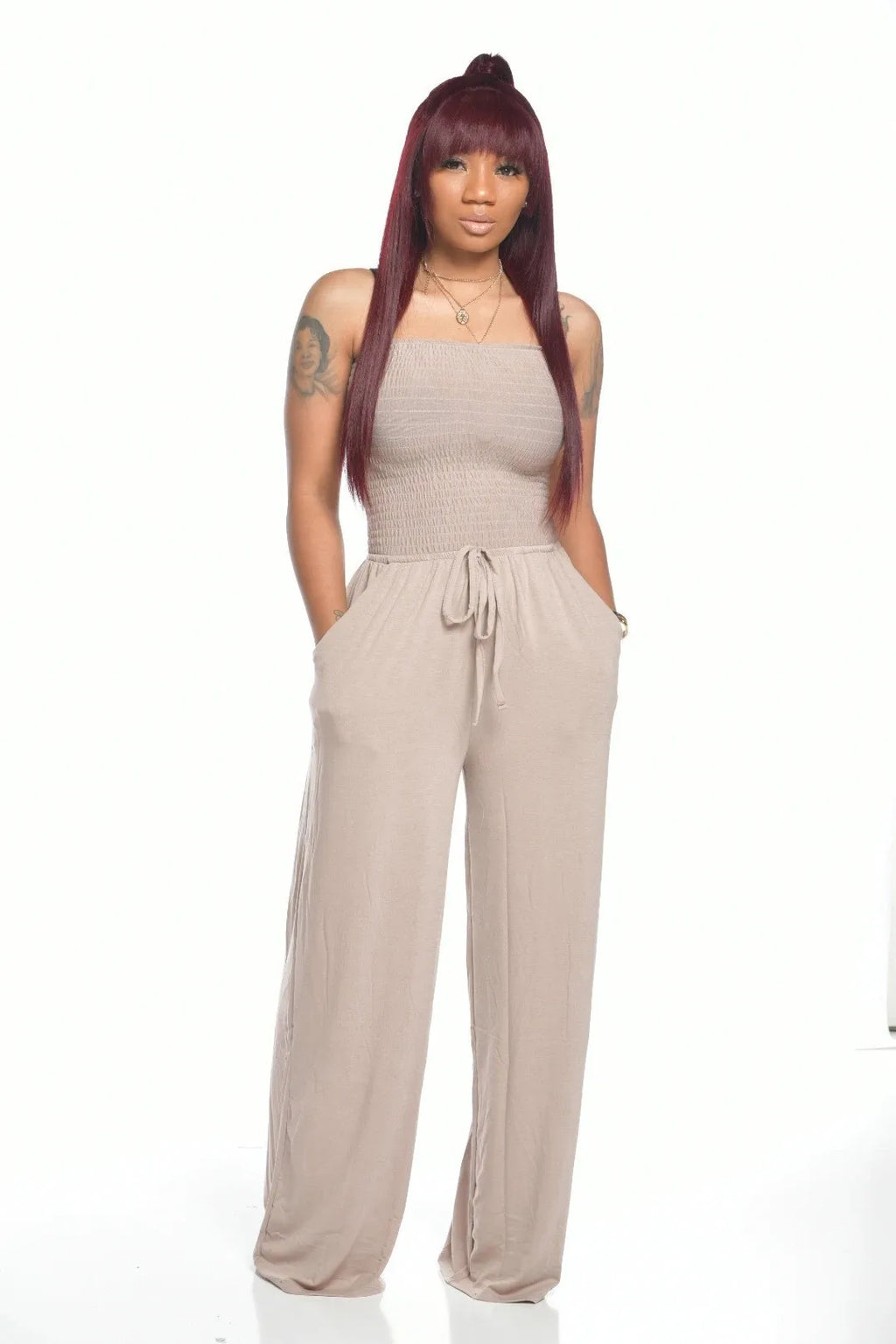 2025 Women Loose Wide Leg Pants Summer Female Drawstring Pocket Full Beachwear Trousers  Bodysuit Sexy Wrapped Chest Clothing