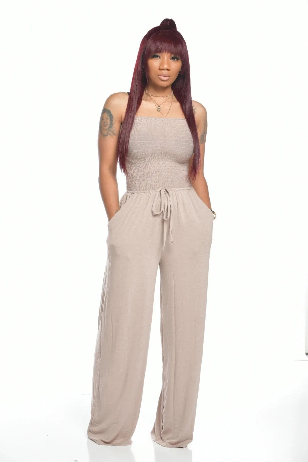 2025 Women Loose Wide Leg Pants Summer Female Drawstring Pocket Full Beachwear Trousers  Bodysuit Sexy Wrapped Chest Clothing