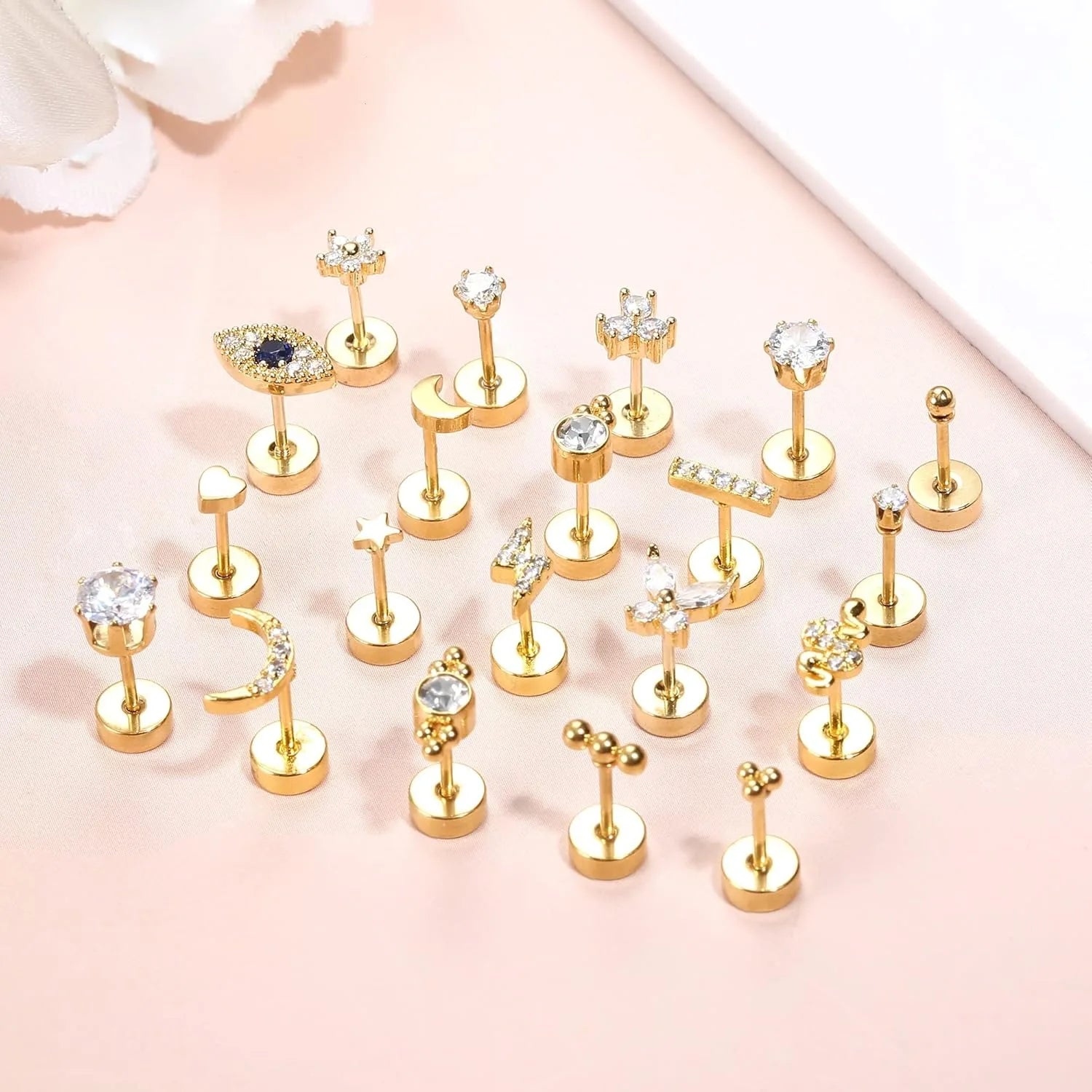 Bobisty 20PCS 20G Small Hypoallergenic Flat Back Stud Earrings Surgical Steel Cartilage Earrings Tiny Ball Heart Star Studs Set