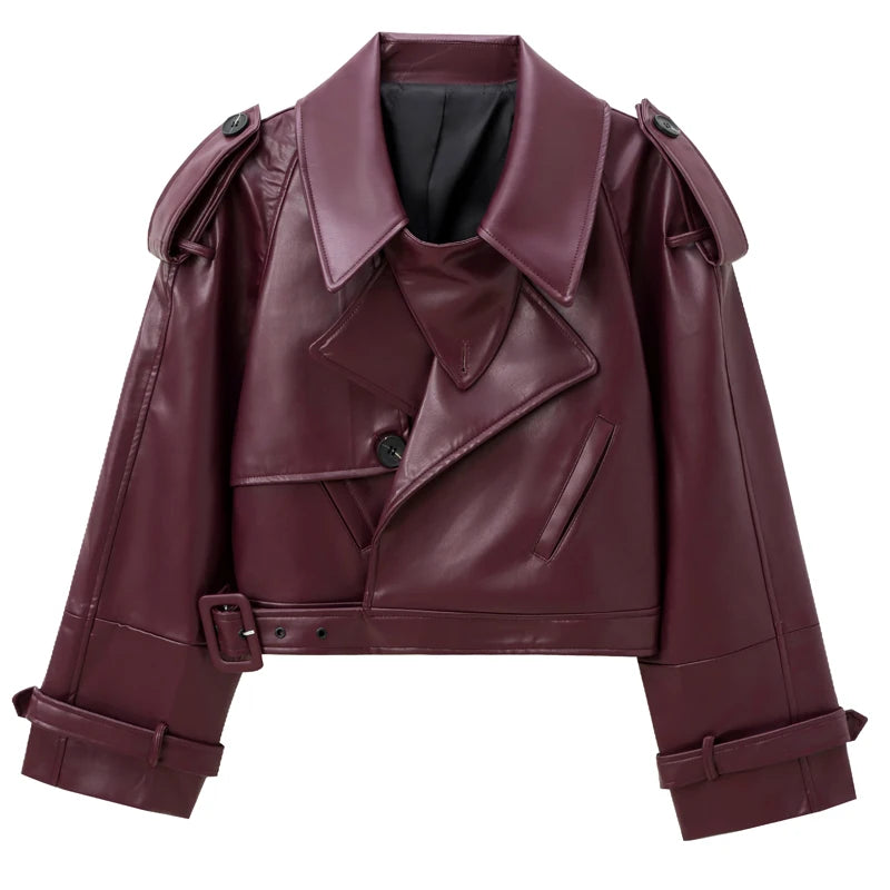 HXAO Cropped Leather Jacket Women's Jacket Autumn 2025 Burgundy Black Outerwears Women's Long Sleeve Top Coat Motorcycle Jacket