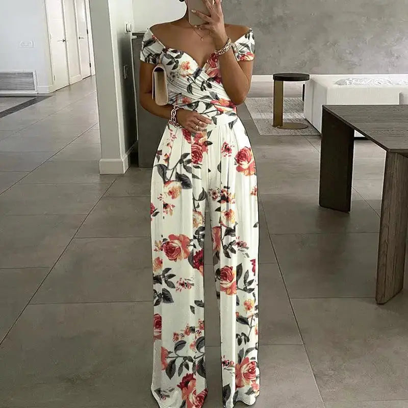 Fashion Print Jumpsuit Women's Short Off Shoulder V-Neck Wide Leg Pants Jumpsuits Female Office Womens Clothing Jumpsuit Summer
