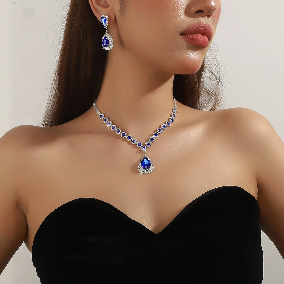 Bridal Jewelry Women's Set Cross-Border European and American Rhinestone Teardrop Necklace and Earrings Two-Piece Set Accessories Fashionable and Versatile