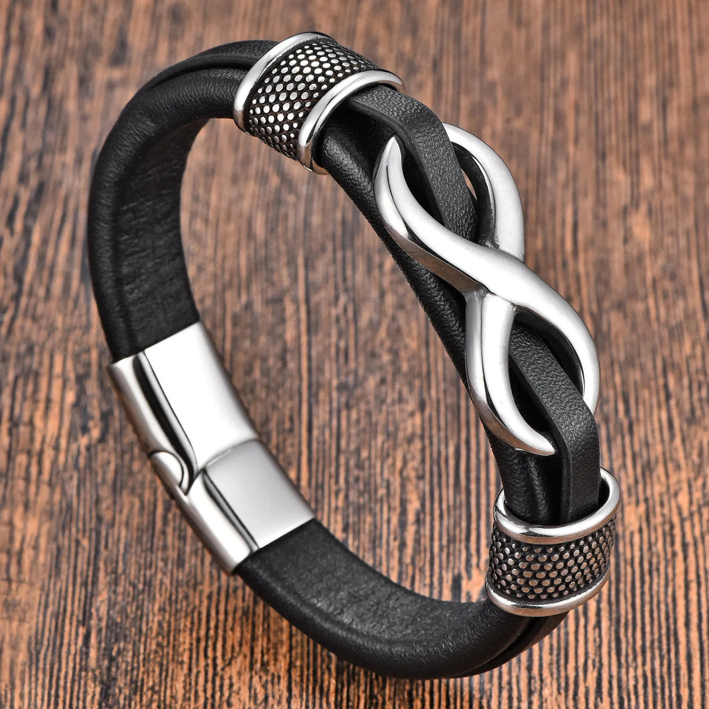 Classic Stainless Steel Leather Bracelet For Mens Chain Wristband Business Charm Jewelry Accessories for Dad Boyfriend