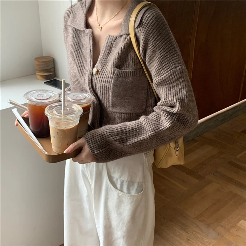 Elegant Autumn Winter Knitted Cardigan Short Sweater Women Long Sleeve Jackets Fashion Loose Casual Simple New Solid Short Top