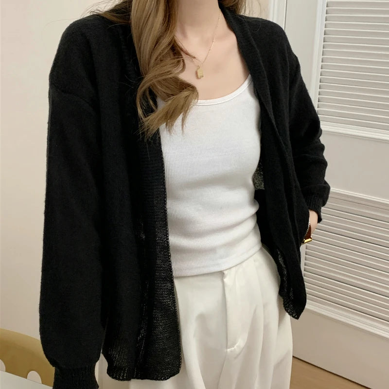 2025 Korean Style Women Long Sleeve Elegant Cardigan Sweater Autumn Solid Color Knitted Top Casual Knitwear