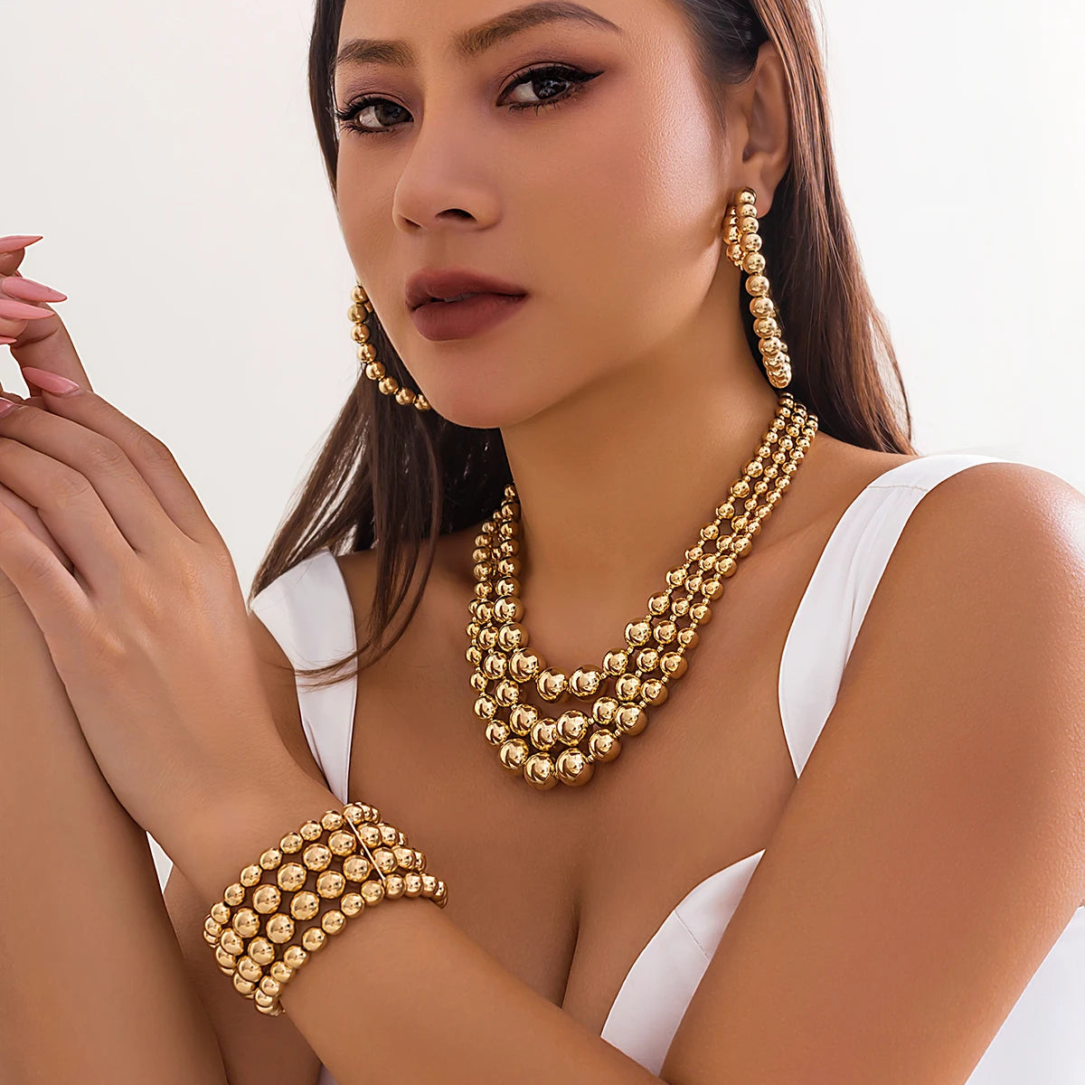 3Pcs/Set Exaggerated CCB Material Big Ball Necklace Bracelet Earring Set for Women Punk Chunky Thick Clavicle Jewelry Party Gift