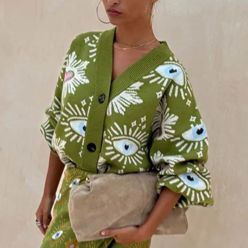 Vintage Geometric Print Sweater Cardigan Woman Elegant Single Breasted V Neck Jacket Autumn Long Sleeve Loose Knitwear Top Mujer