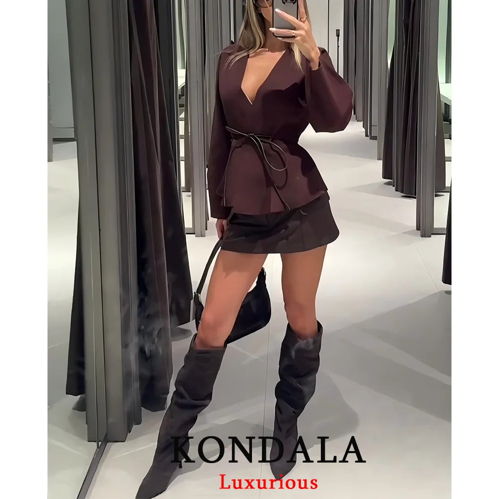 KONDALA Casual Chic Brown Knit Cardigans Women V Neck Long Sleeve Sashes Loose Sweaters Fashion 2025 Fall Winter Office Lady Top