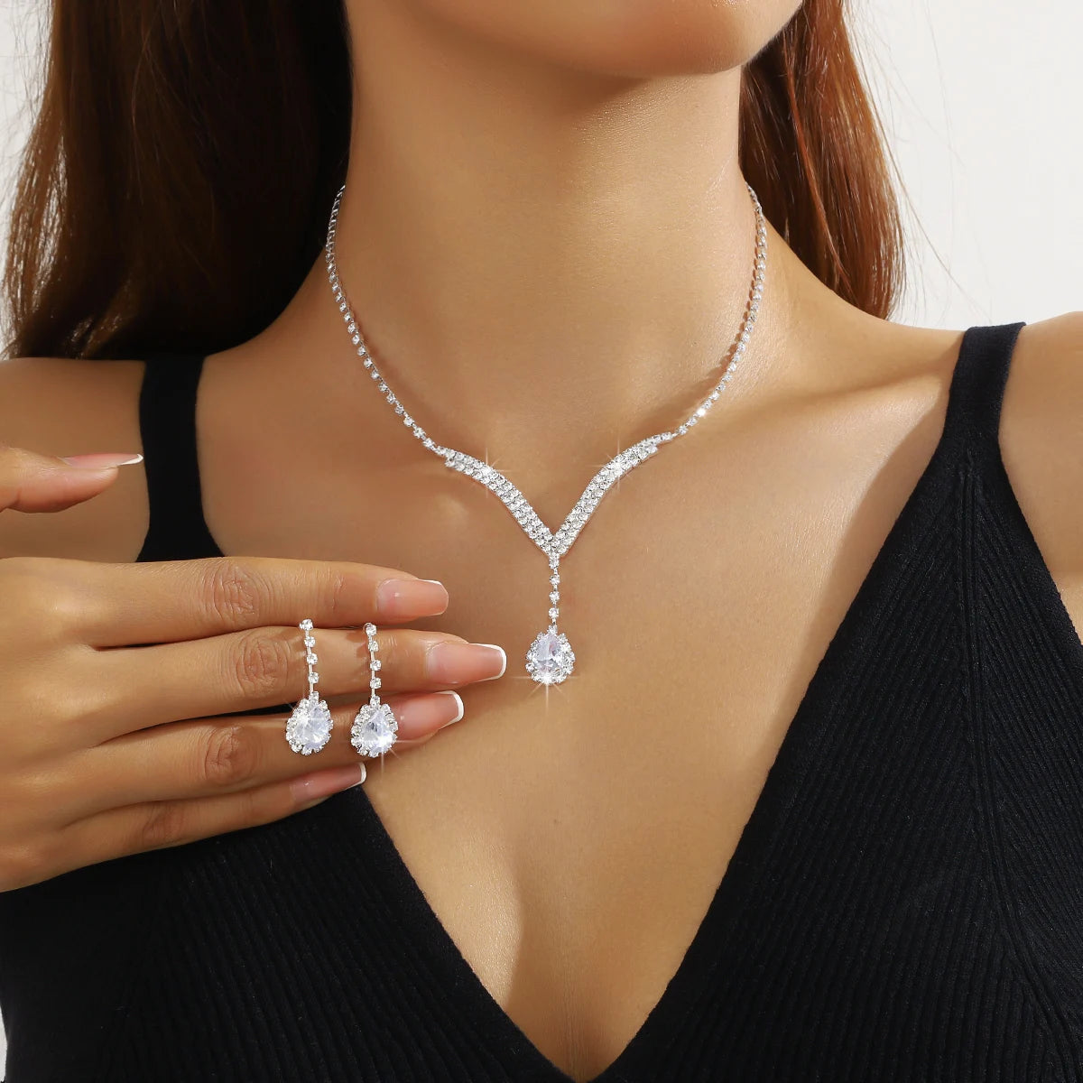Cross-Border E-Commerce Bridal Jewelry European and American Rhinestone Necklace Earrings Ear Studs Wedding Jewelry Set