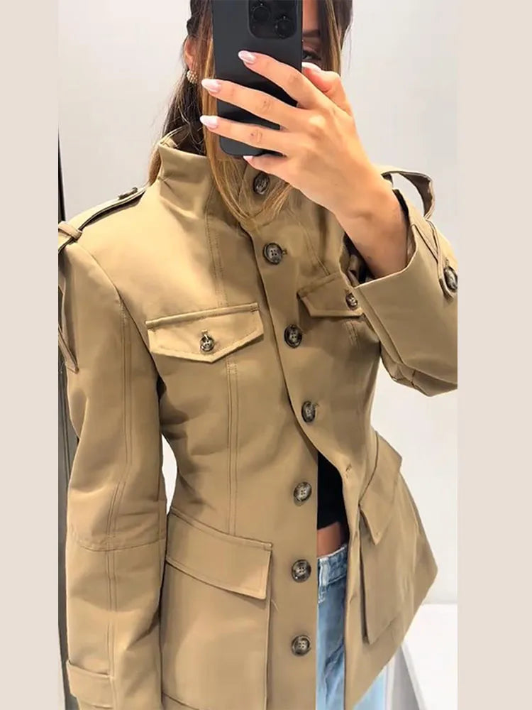 Stand Collar Khaki Cropped Trench Coat Jacket With Pockets Women's Spring Fall Button Front Slim Fit High Street Lady Outerwear