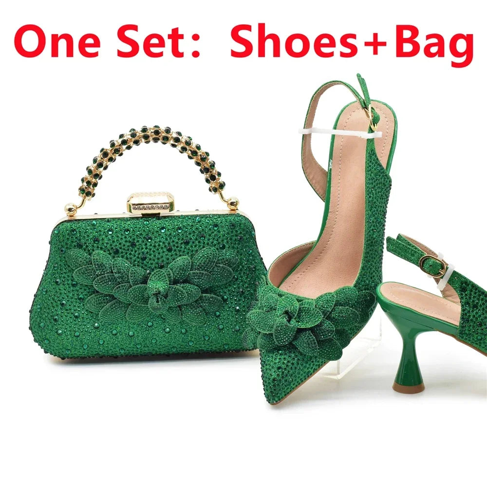 2024 Nigerian Style Rhinestone Medium Heeled Sandals for Women Fashion Wedding Party Shoes and Bags Set with Rhinestone