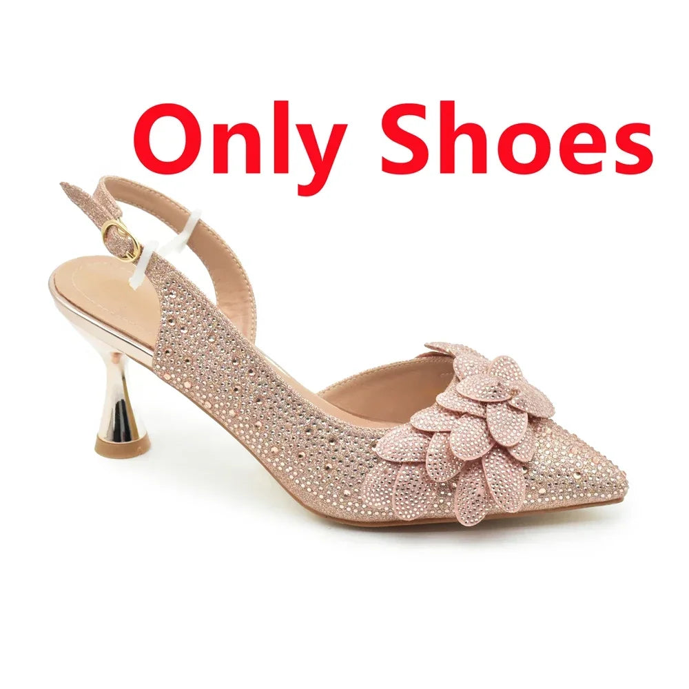 2024 Nigerian Style Rhinestone Medium Heeled Sandals for Women Fashion Wedding Party Shoes and Bags Set with Rhinestone