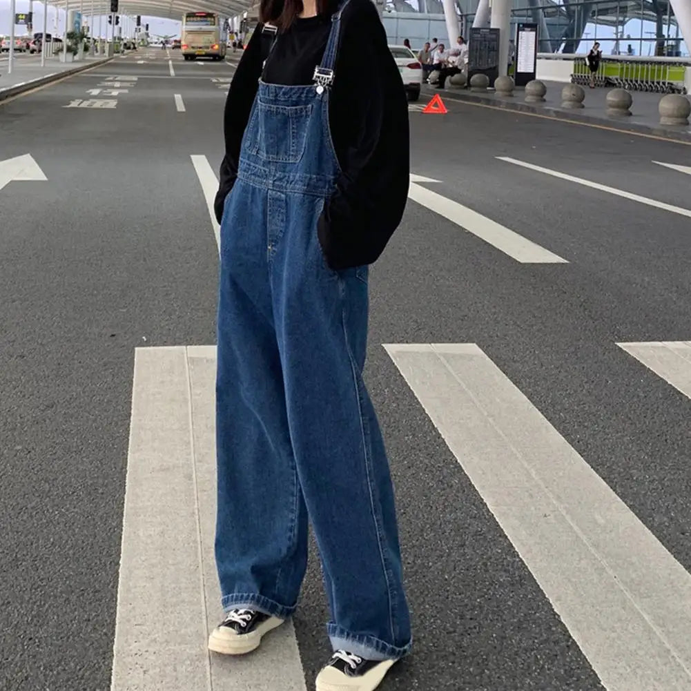 Women's Denim Bib Overalls Wide Leg One Piece Jean Jumpsuits with Adjustable Strap Casual Baggy Jeans Pants with Pockets