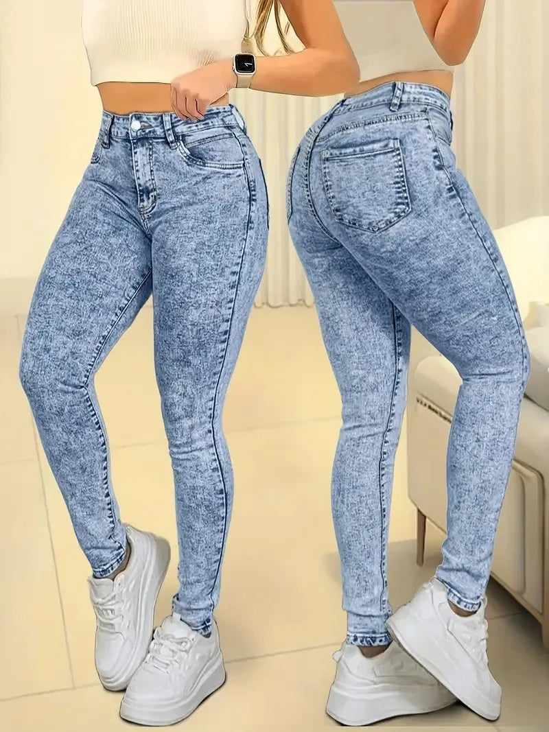 Women's casual high waist elastic slim butt lift tight feet fashionable simple washing snowflake nine-point jeans
