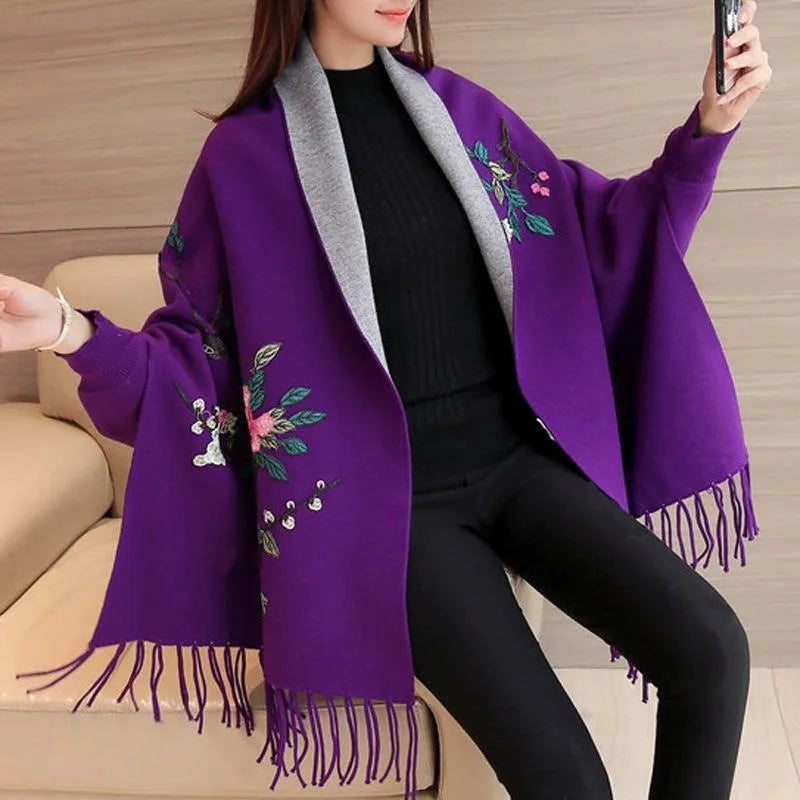 Autumn and winter embroidered cape shawl women's embroidered knitted cardigan tassel knit sweater