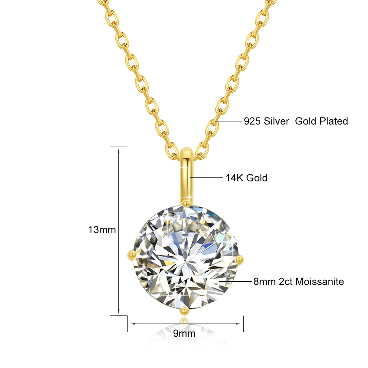 Szjinao 100% Real 14k Gold Moissanite Necklace For Women 6.5mm 1.0ct D Color AU585 K Gold Luxury Pendant Certificated Wholesale