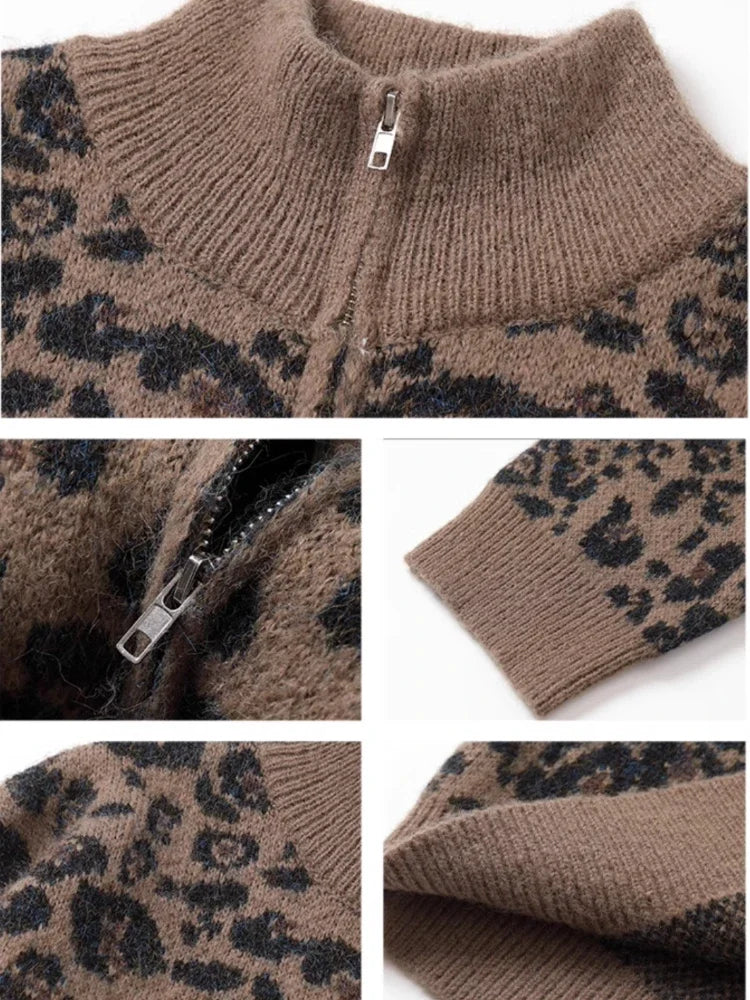 Leopard Print Stand-up Collar Cardigan for Women Fashion Retro Thick Knitted Knitwear Streetwear Outerwear Autumn New
