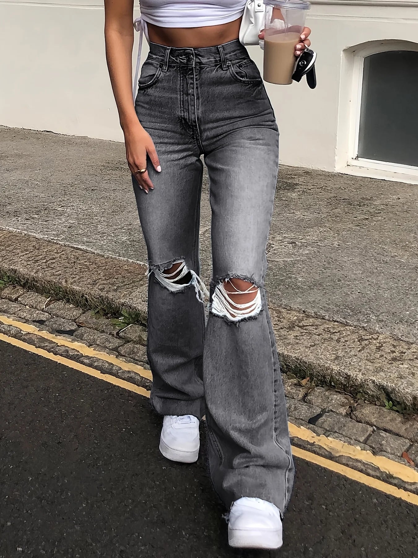 2025 new women's wide-leg ripped slightly flared jeans, high-waisted, non-elastic, comfortable and versatile - the best choice f