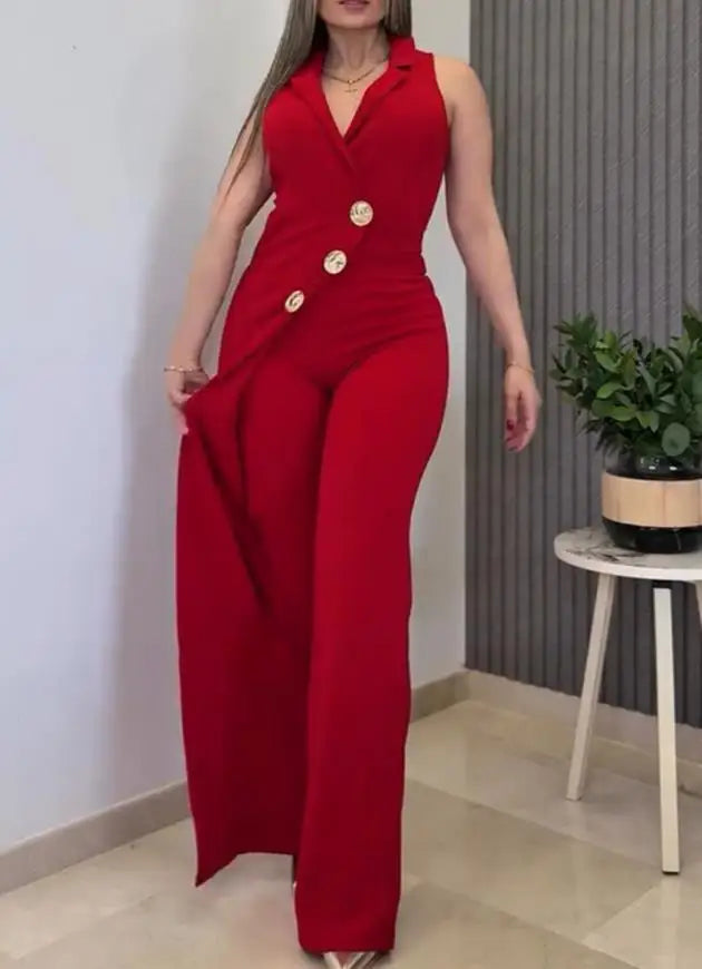 2025 Elegant Sexy Button Decor Notched Collar Overlap V-Neck Sleeveless Wrap Front Overalls Casual Zipper Back Long Jumpsuit