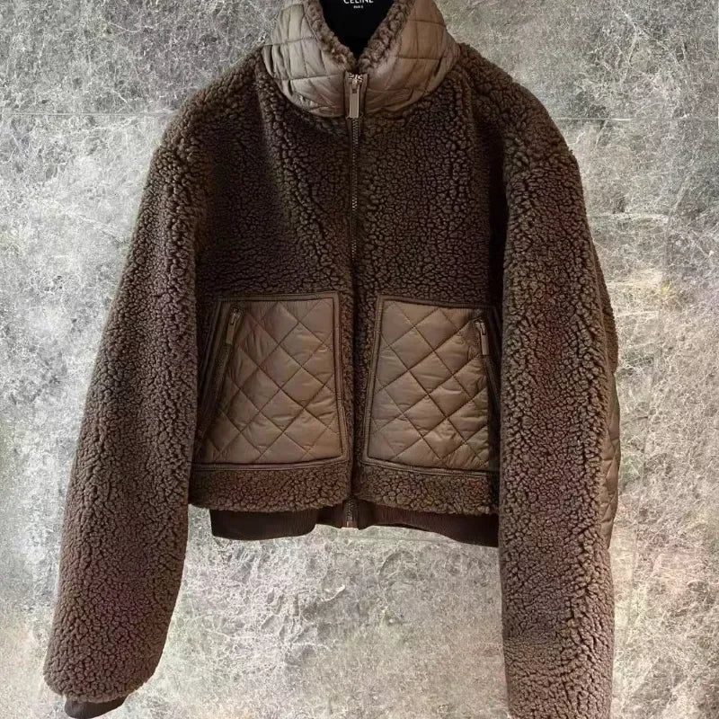 2025 Autumn New Lamb Plush Warm Coat Fashion Stand-up Collar Zipper Winter Jacket Women Outerwear High Waist Thicken Coats