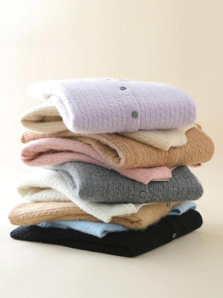 2025 Autumn Winter Women Sweater Solid O Neck Cardigan New Casual Versatile Tops Long Sleeve Single Breasted Cable Knit Sweater