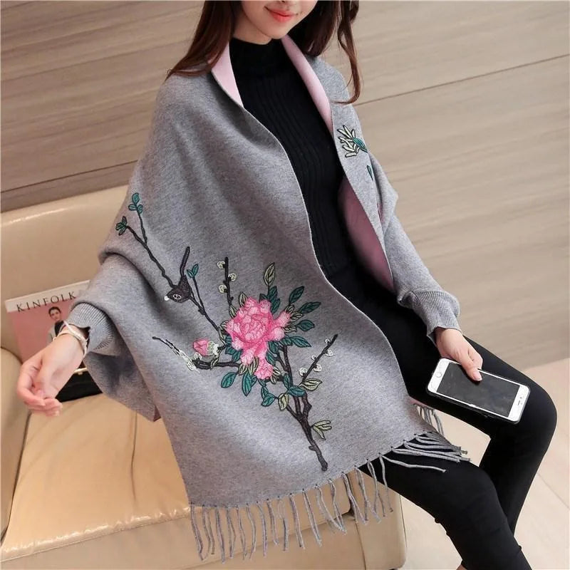 Autumn and winter embroidered cape shawl women's embroidered knitted cardigan tassel knit sweater