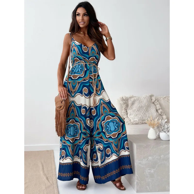 Elegan V-neck High Waist Jumpsuit Women's Fashion Pattern Print Loose Long Romper Causal Sleeveless Wide Leg Playsuit Women