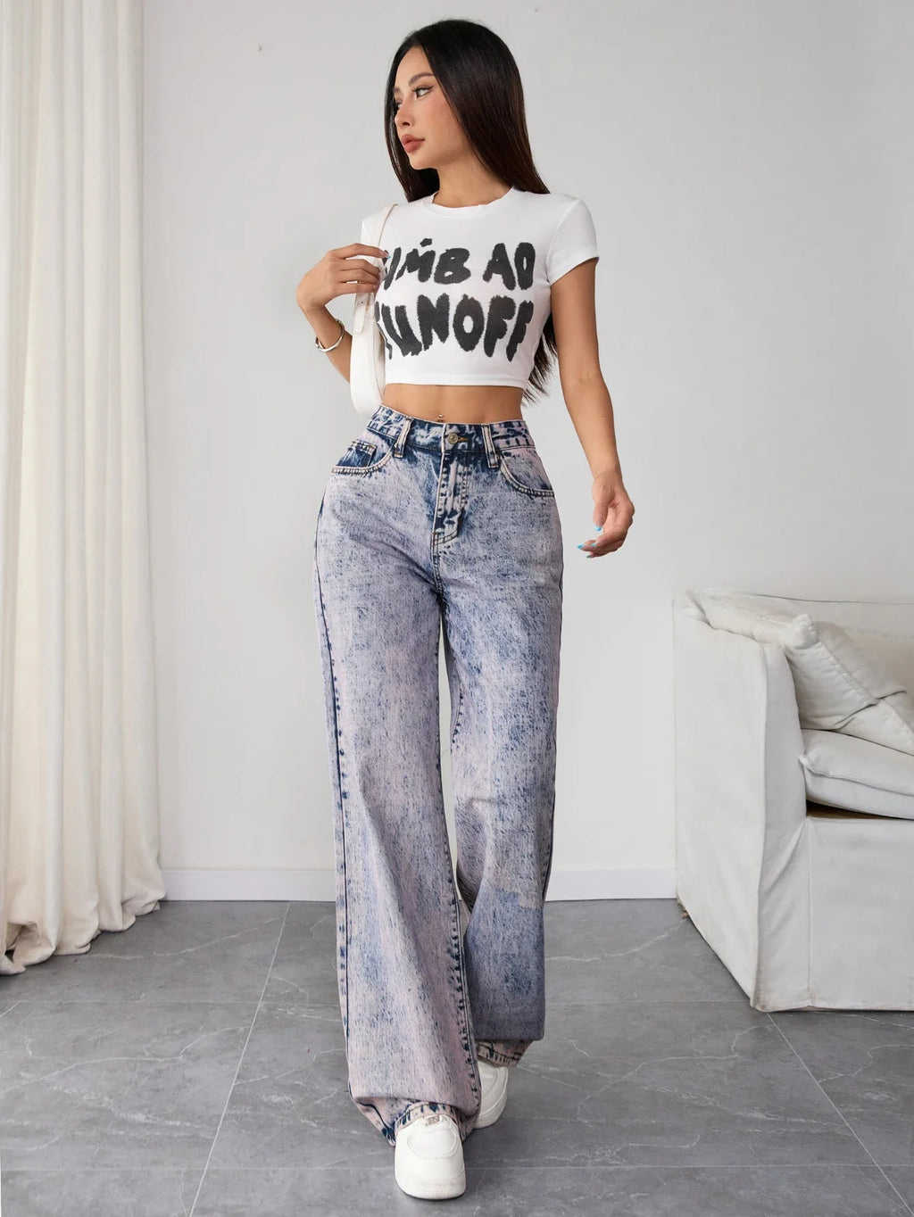 High Waist Vintage Acid Wash Denim Pants for Women Loose Fit Wide Leg Jeans Street Style Retro Y2K Clothing