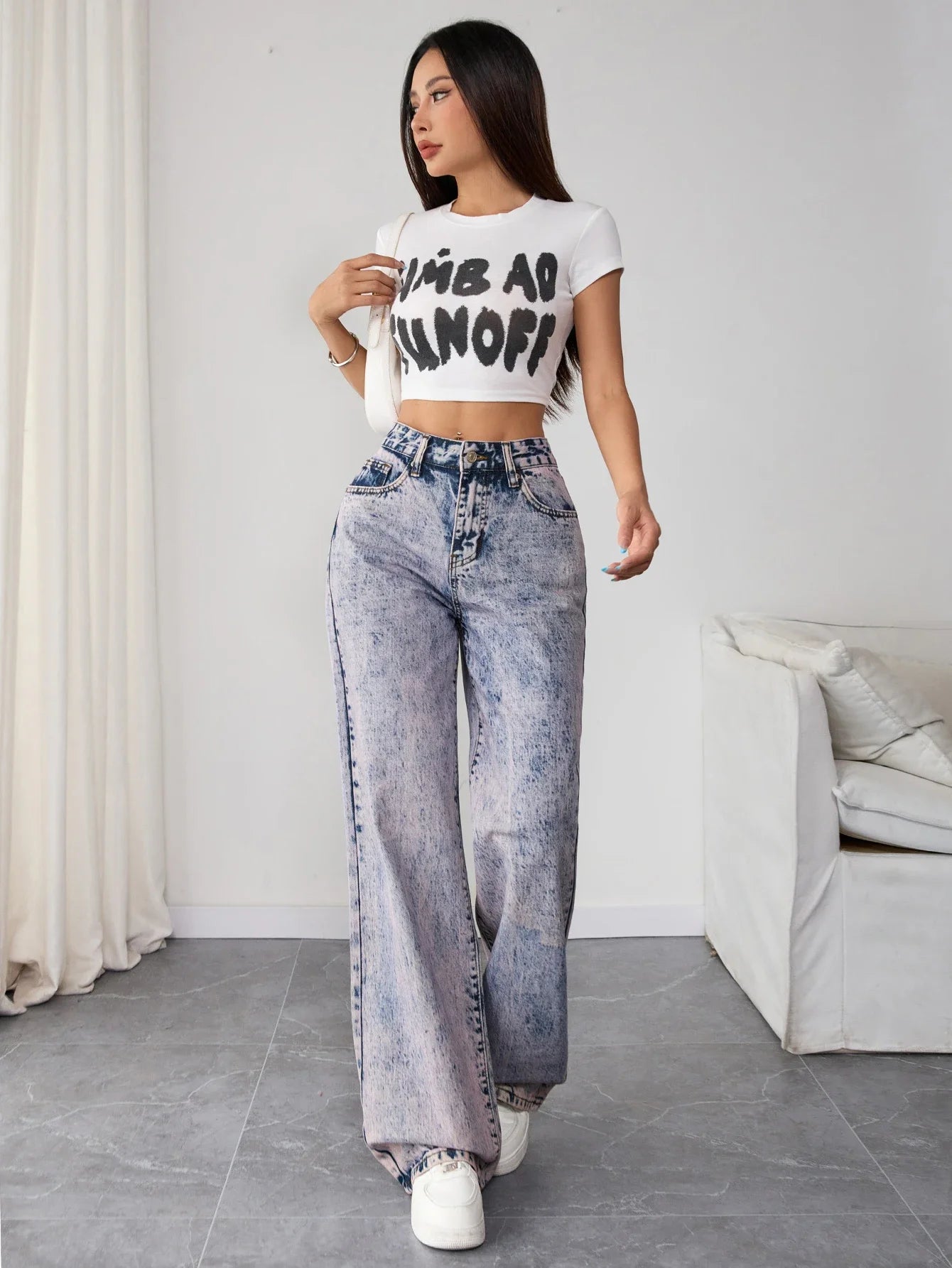 High Waist Vintage Acid Wash Denim Pants for Women Loose Fit Wide Leg Jeans Street Style Retro Y2K Clothing