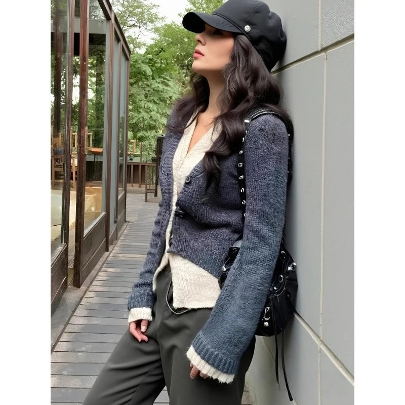 Elegant Button Sweater Fashion Long Sleeve False Two-piece Knitted Top Korean Style Autumn V-neck Cardigan Casual Knitwear