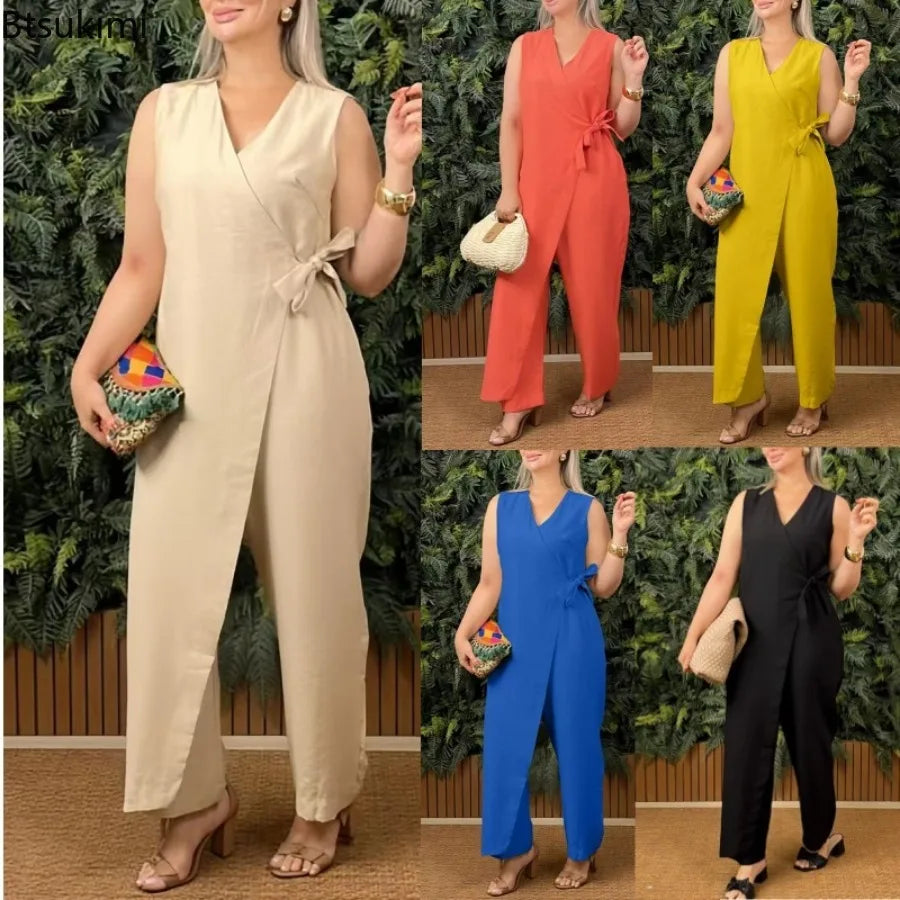 Women's Casual V-neck Cross Strap Jumpsuit Streetwear Loose Romper Elegant Lace Up Sleeveless Hollow Out Solid Office Jumpsuits