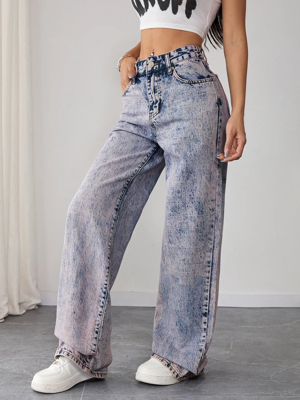 High Waist Vintage Acid Wash Denim Pants for Women Loose Fit Wide Leg Jeans Street Style Retro Y2K Clothing