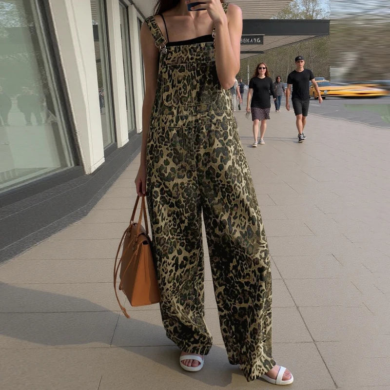 ZANZEA Casual Leopard Print Jumpsuits 2025 Summer Overalls Women Pockets Fashion Wide Leg Pants Loose Streetwear Long Rompers