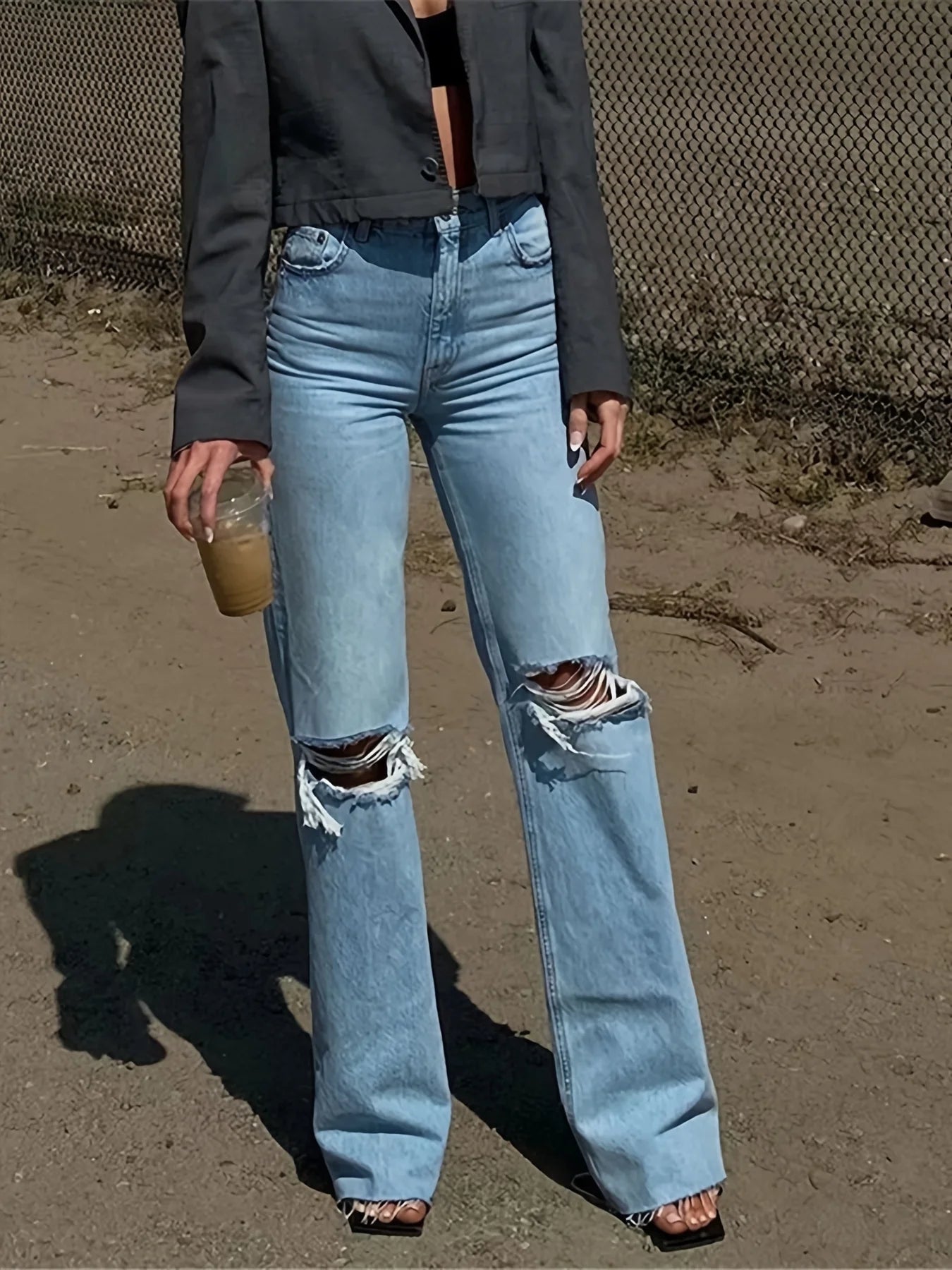 2025 new women's wide-leg ripped slightly flared jeans, high-waisted, non-elastic, comfortable and versatile - the best choice f