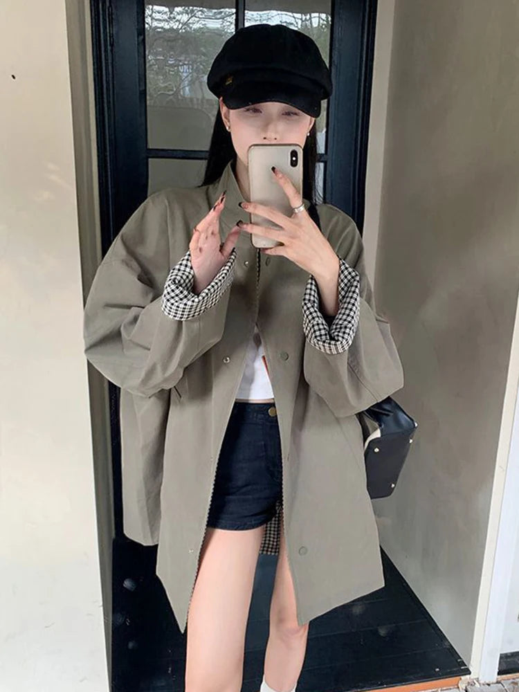 Zoki Korean Chic Elegant Jacket Women Loose Design Double Sided Wear Plaid Coat Fall Fashion Long Sleeve Sweet Pockets Outwear