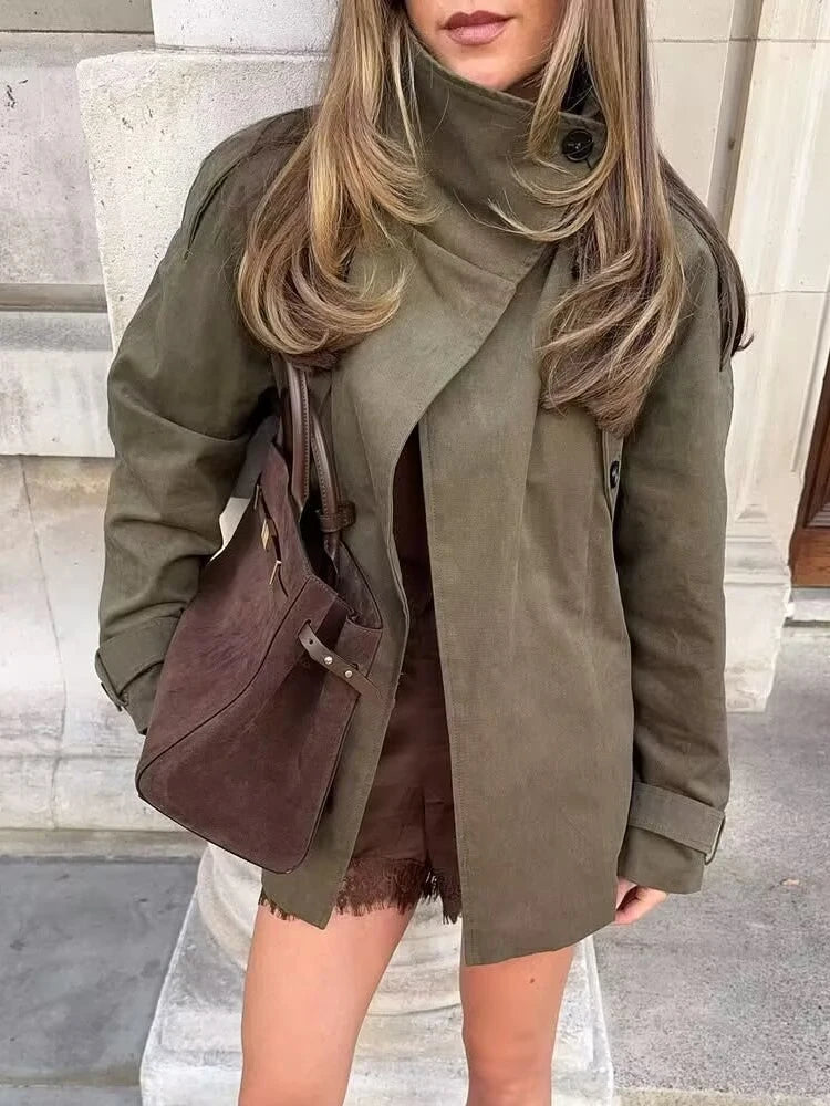 HH 2025 Fashion Women's Elegant Long Sleeves High Neck Pockets Button Design Coats Autumn Woman Loose Street Style Casual Jacket