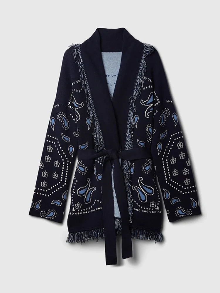 Women Print Knitted Cardigan Casual Chic V-neck Long Sleeve  Single-breasted Return Loose Sweater 2025 Lady Autumn Street Coats