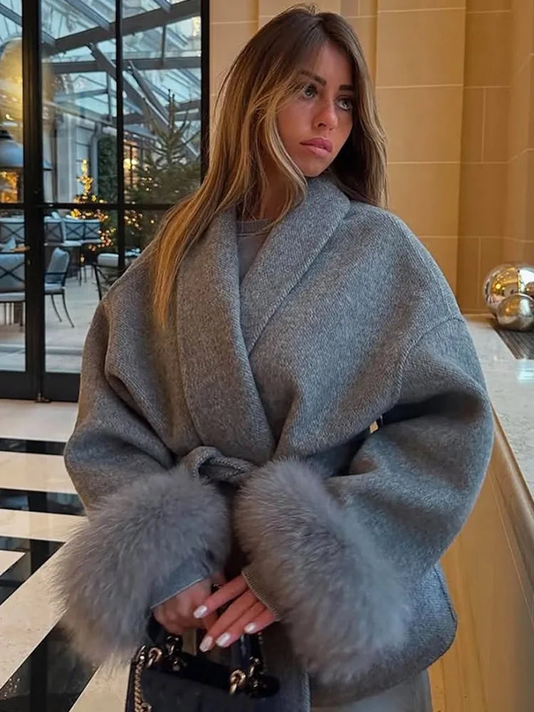 Elegant Lace Up Woolen Coat Women Solid Loose Lapel Furry Belt Long Sleeve Short Jacket 2025 Autumn Winter Lady Cardigan Outwear