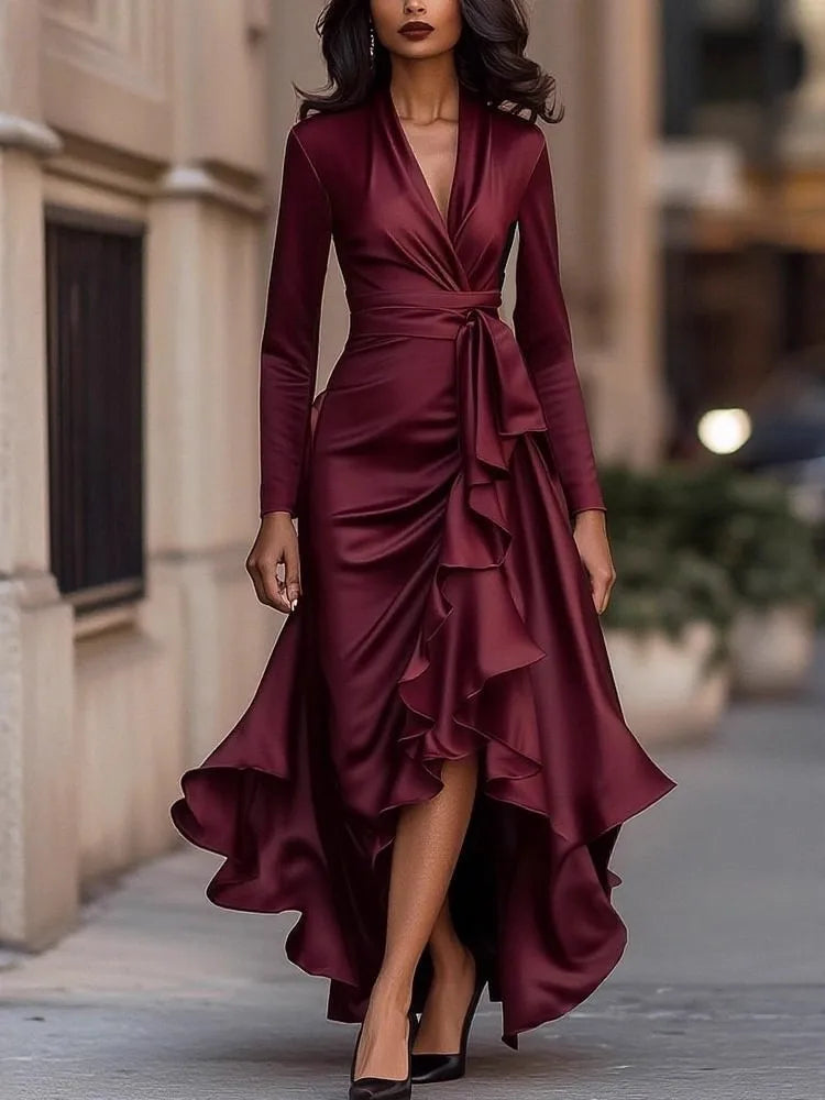 Fashion Satin Spring Autumn Long Sleeve Ruffled Long Sleeve Women's Dress Elegant Woman Slim Fit Irregular Pleated Ruffle Dress
