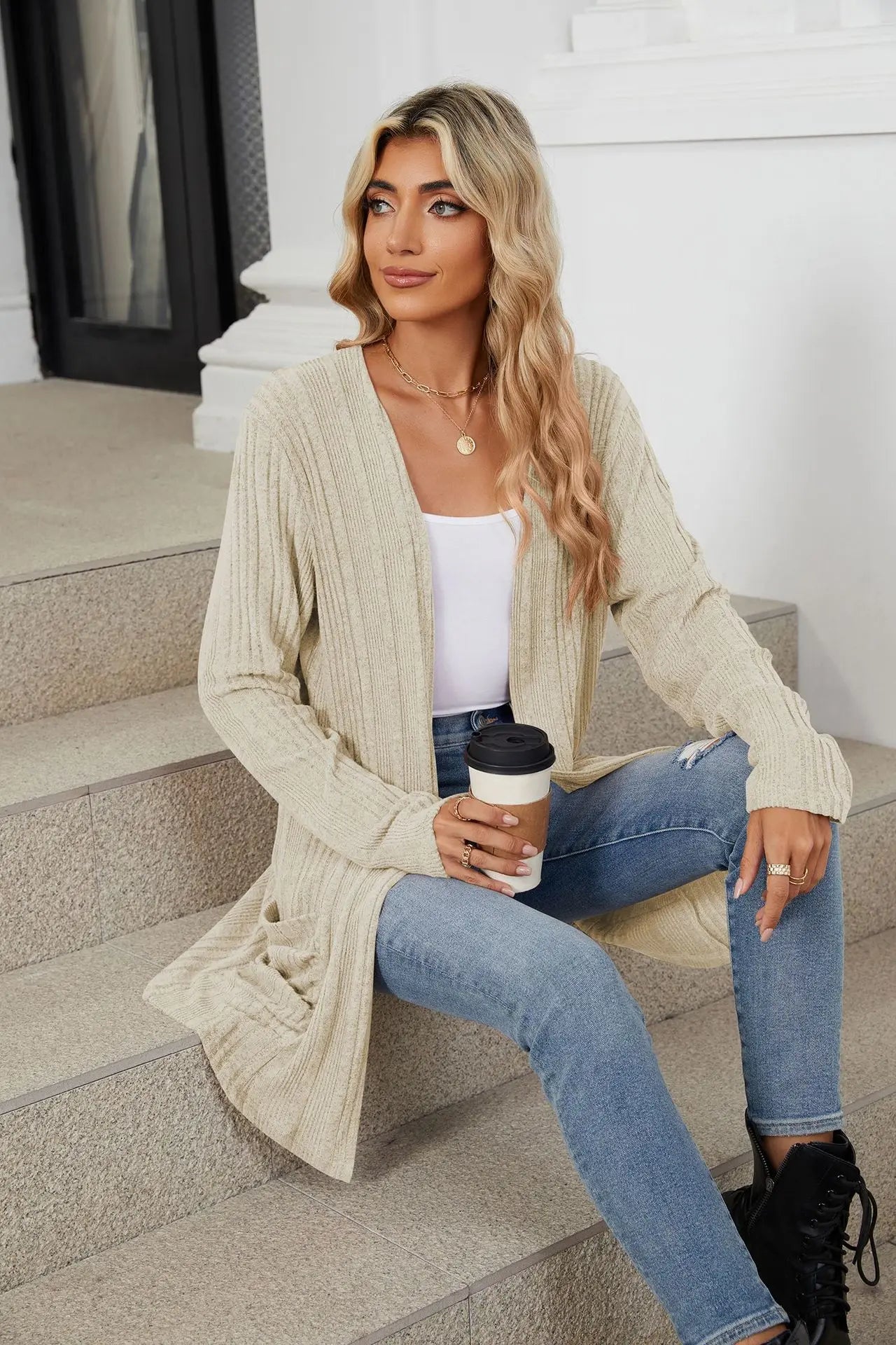Autumn Winter New Solid Color Pit Stripe Brushed Pocket Cardigan Best Selle Long Sleeved Jacket for Woman Clothes