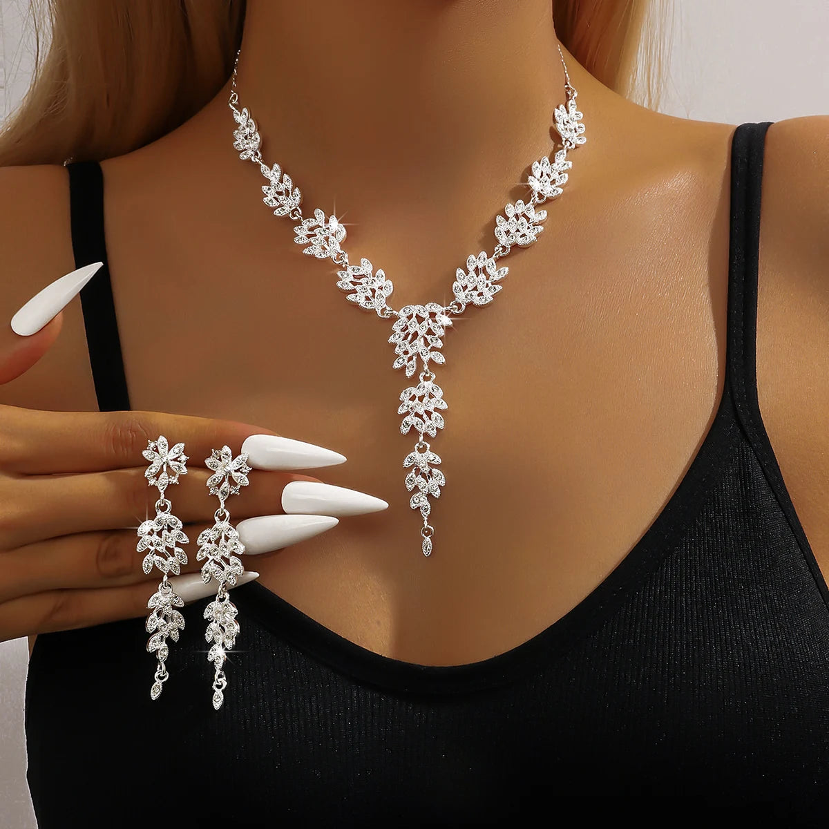 3PC women's fashionable and trendy temperament, leaf floral necklace, earrings, jewelry set, wedding banquet party, holiday gift