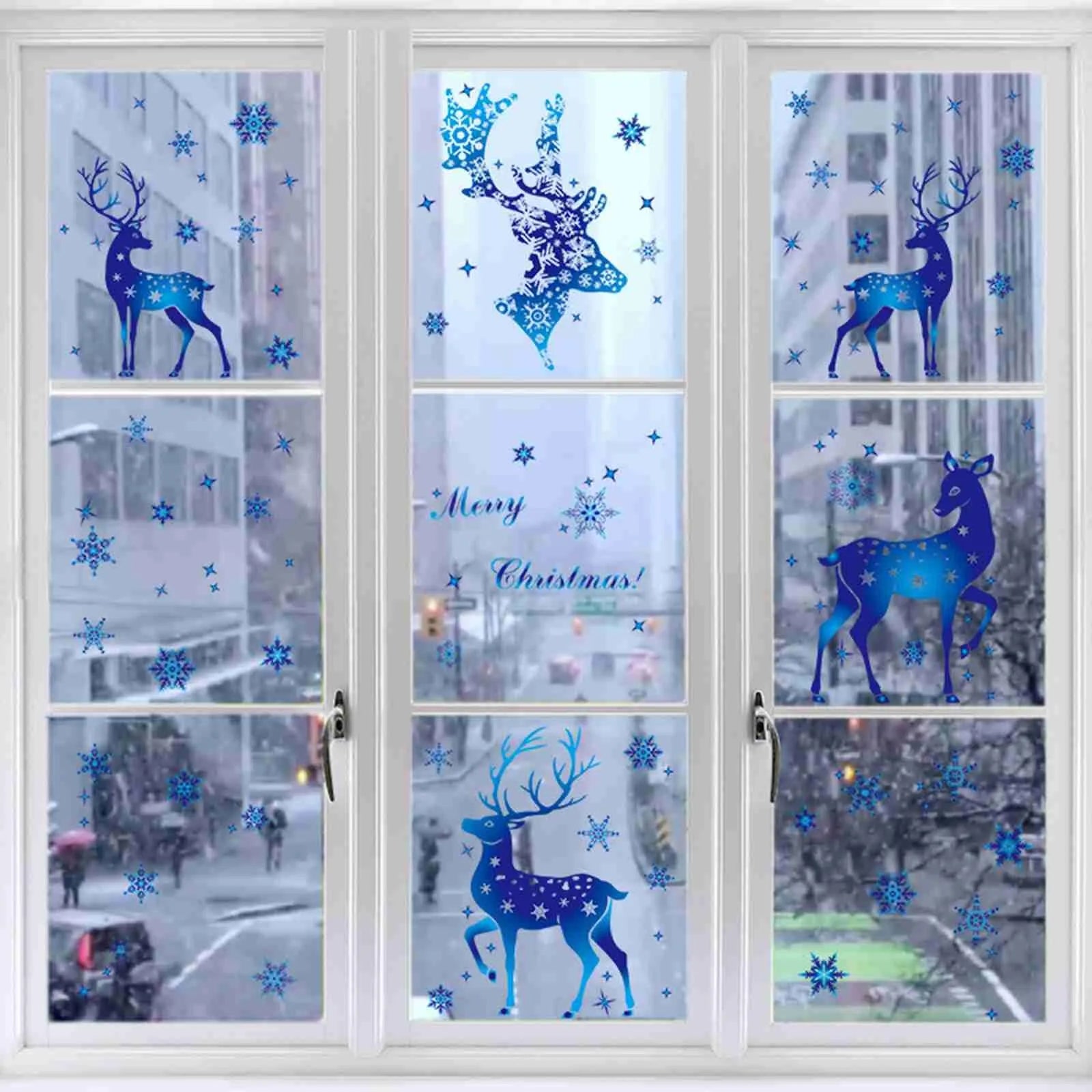 Christmas Window Clings Ornament Snowflake Sticker Glass Window Decoration Sticker Christmas Blue Snowflake Elk Wall Sticker