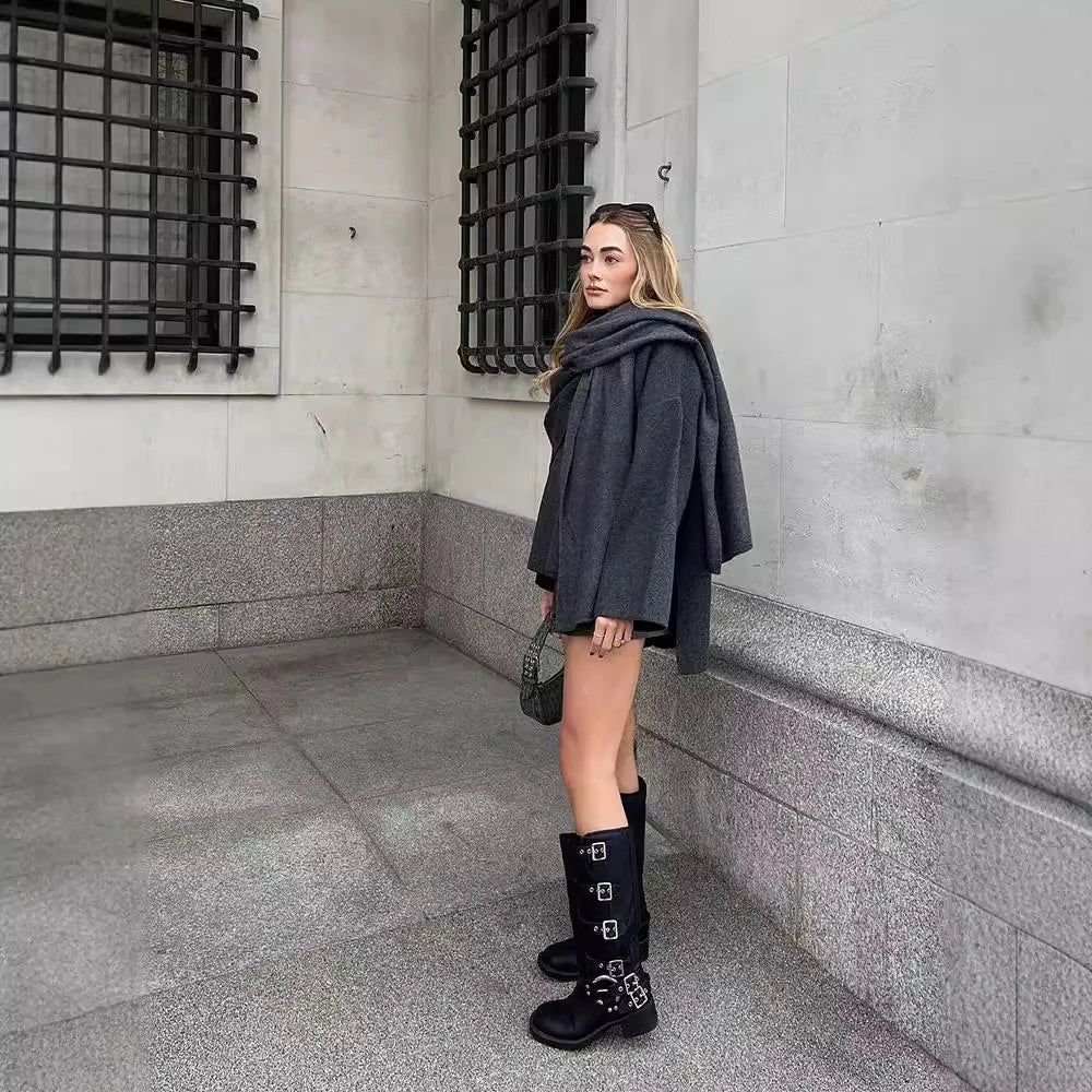 Women Fashion Scarf Decorated Woolen Jacket Casual Solid Long Sleeve Loose Warm Overcoat 2025 Autumn Winter New Lady Chic Coat