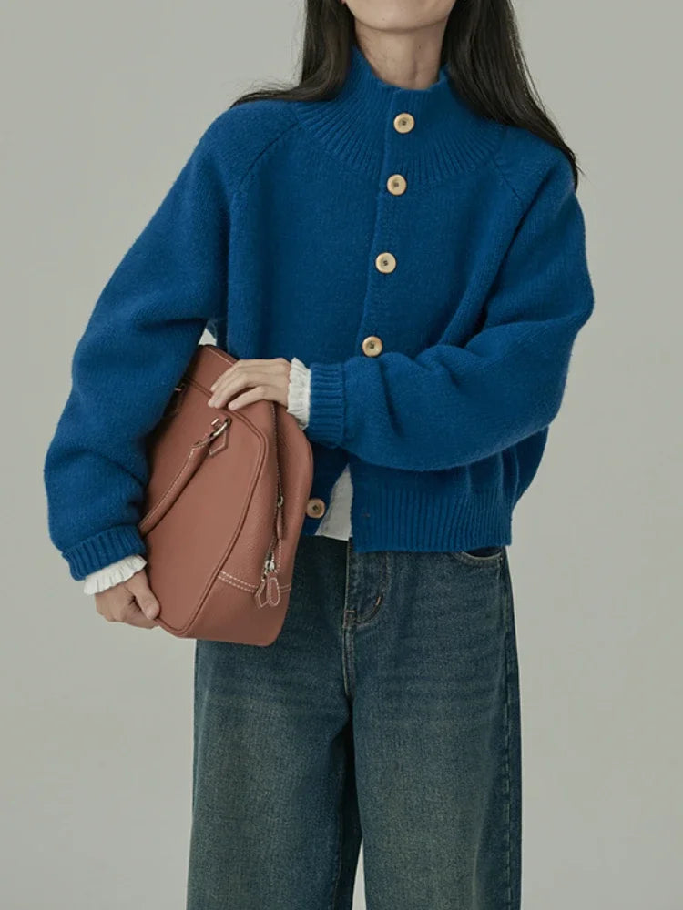 Loose Stand-up Collar Cardigan Women Retro Blue Single Breasted Casual Soft Knitwear Sweater Black Fashion Cardigan for Women