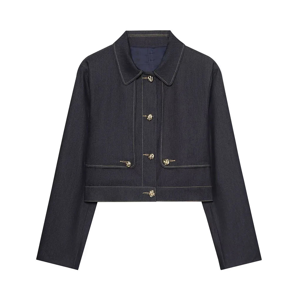 DiYiG WOMAN 2025 Autumn New Fashion Contrast Color Collector Jacket Joker Lapel Button Casual Jacket Outerwear Mujer