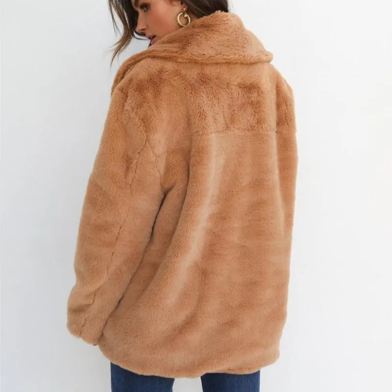 Sexy Plu Lapel Jaet for Women Street Sle Slim Fit Faux Fur Coat Long Sve Pure Color Autumn Faion ort Outerwear