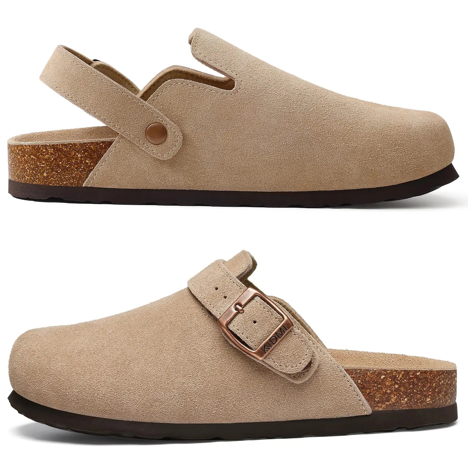 Crestar Women Cow Suede Clogs Cork Footbed Leather Mules Lady Outdoor Comfort Arch Support Potato Shoes With Adjustable Strap