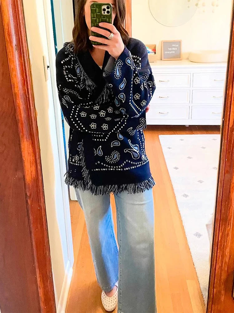 Women Print Knitted Cardigan Casual Chic V-neck Long Sleeve  Single-breasted Return Loose Sweater 2025 Lady Autumn Street Coats