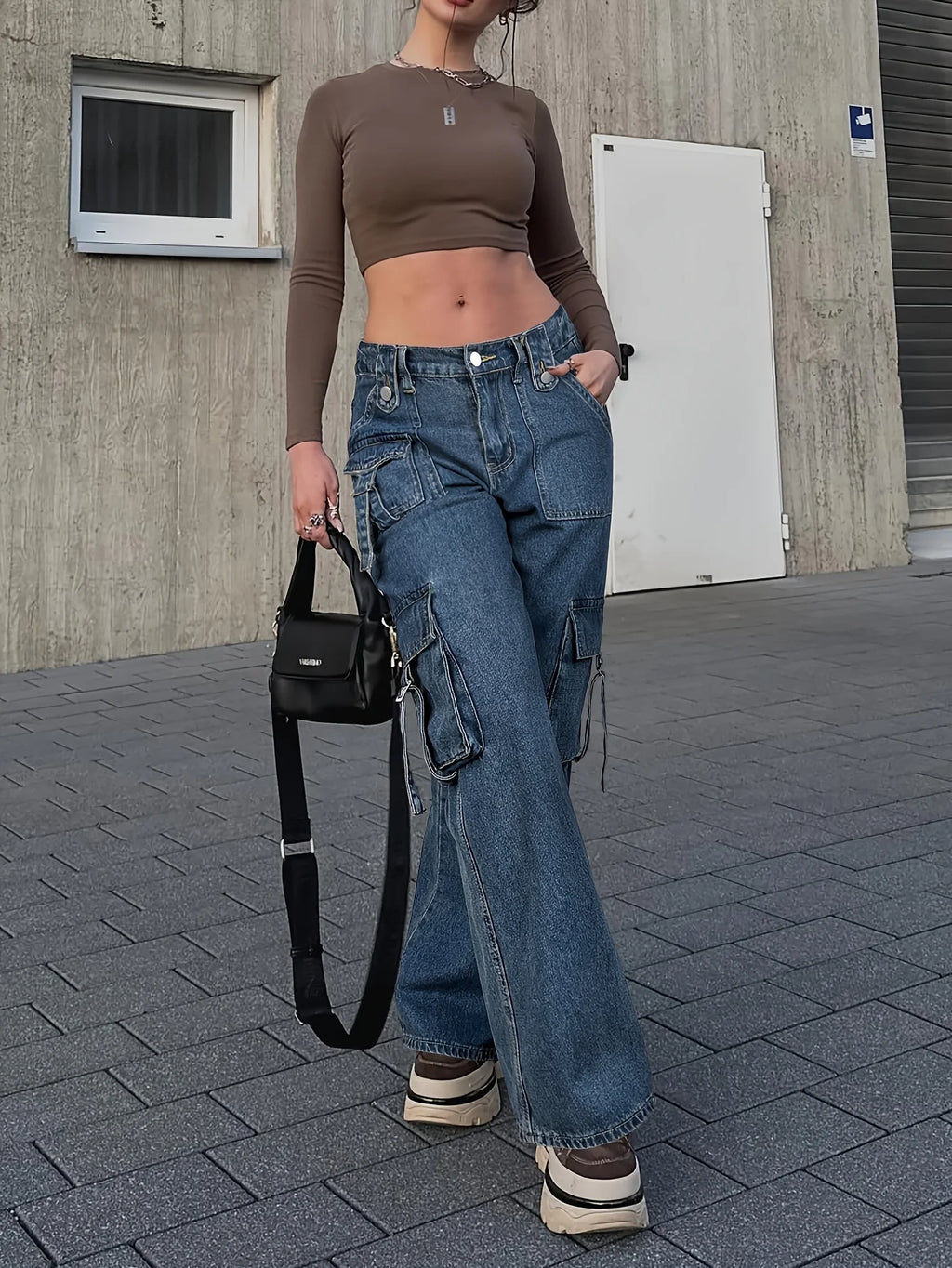 Women's Trendy Cargo Jeans Casual Street Style Zip Multi-Pocket Design With Flap Pockets Tape Elastic Waist Denim Pants